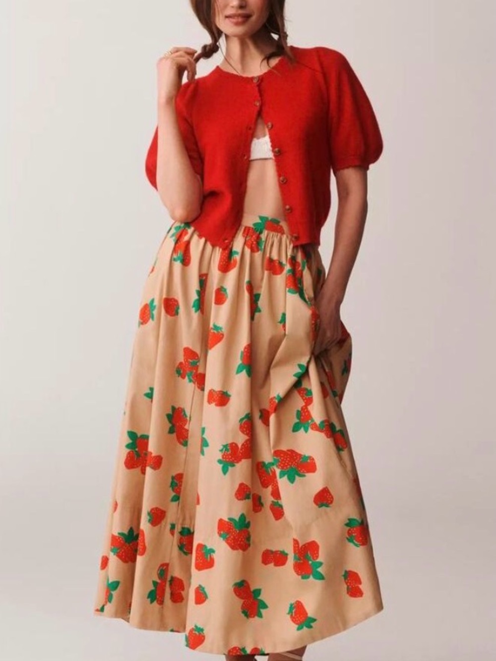 100% COTTON MAEVE Strawberry Print Maxi Skirt Red on Cream SOLD OUT ON WEBSITE